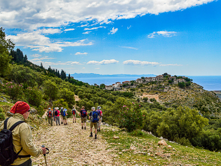 Group hike above Upper Qeparo with views of the Ionian coast, Albania.
